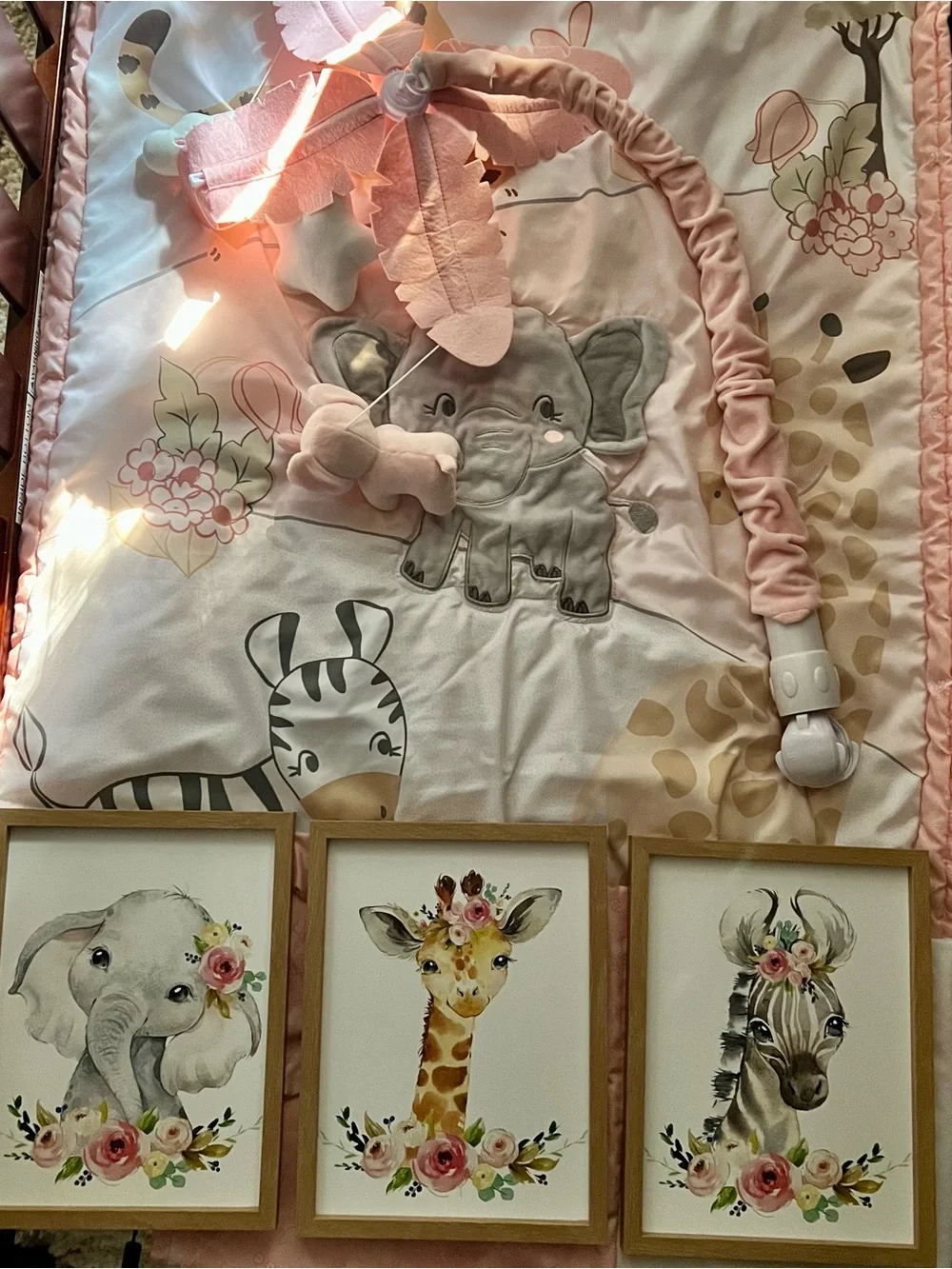 Safari Friends Baby Crib Quilt Set- Mobile and 3 8x10 pictures